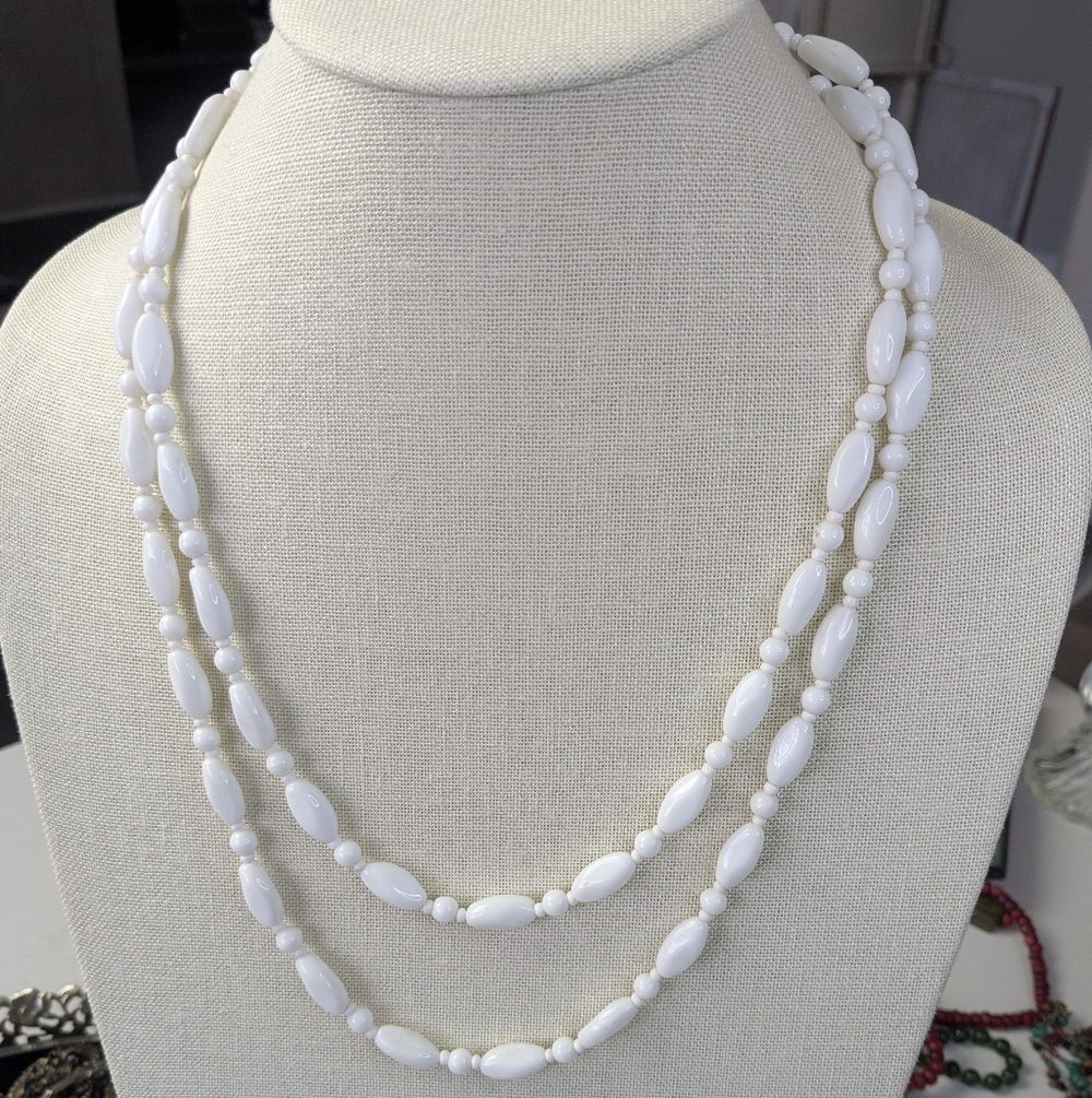 Vintage 48" White Milk Glass Bead Opera Necklace Long Single Strand Mid Century